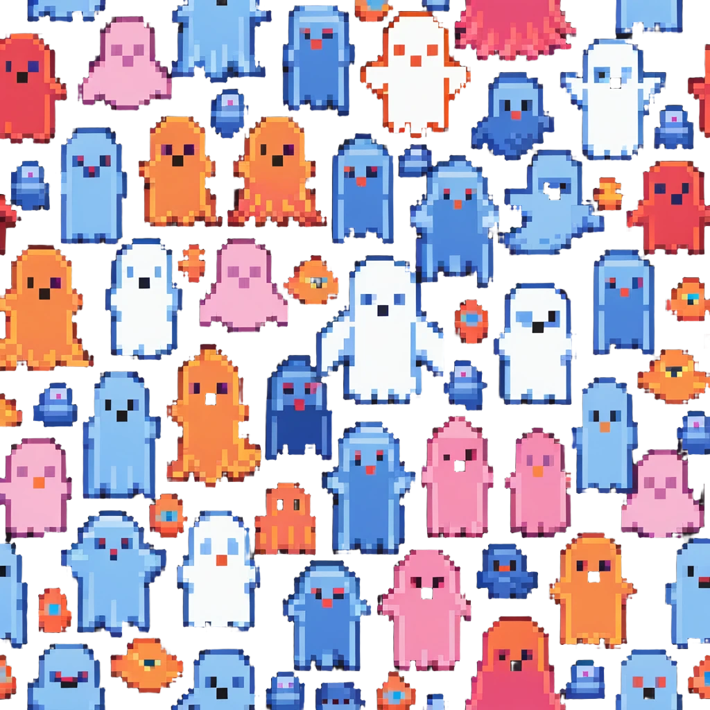 The four classic Pacman ghosts (red, pink, blue, and orange) in 8-bit pixel art style emoji
