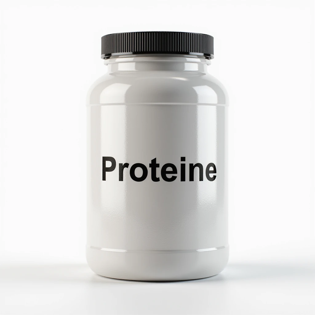 hyperrealistic jar of supplement with a clearly visible label reading 'Proteine', isolated white background, 4K details, neutral lighting emoji
