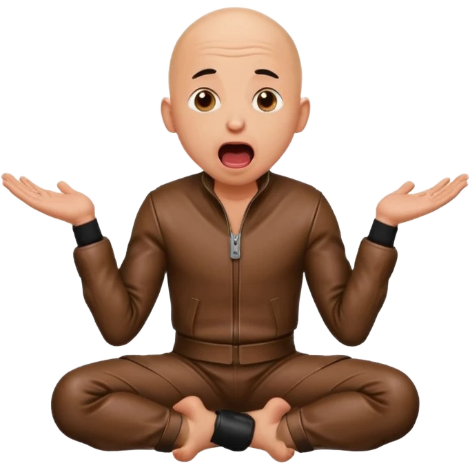 Bald man in leather on his knees, frightened with his tongue out, looking up emoji
