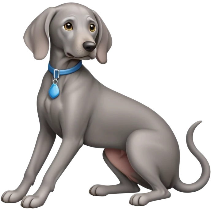 cinematic-[weimaraner]-realistic-full-body-sitting-emoji,-tail-resting-loosely-beside-its-paws,-head-tilted-dramatically, -sleek-[grey blue]-fur,-simplified-yet-realistic-focused-features,-highly-detailed,-glowing-with-an-almost-sarcastic-glow emoji