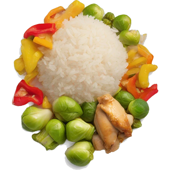 white plate with rice, diced cooked chicken, Brussel sprouts, cut up bell peppers emoji