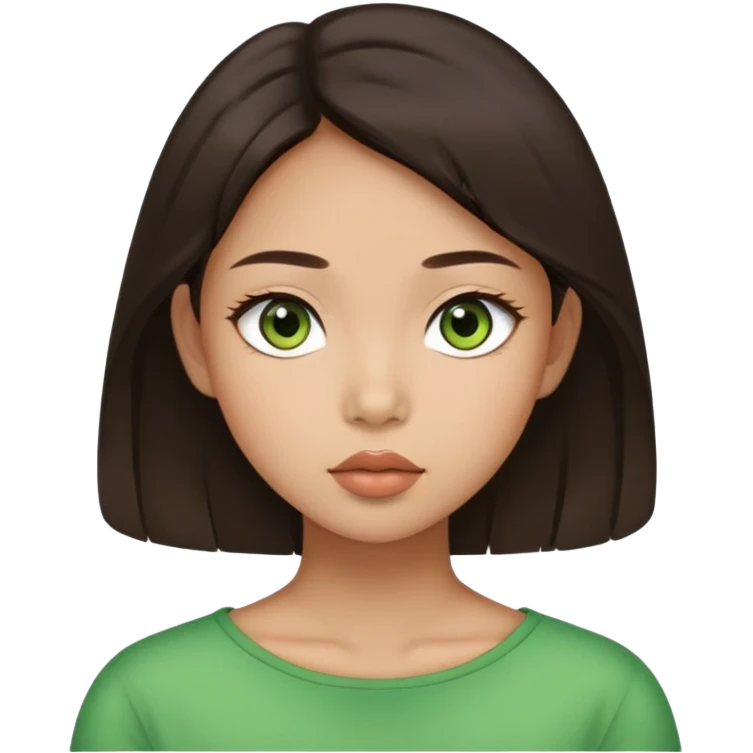 A girl with puffy lips, clear cheekbones, wide Asian eyes, green-sandy eyes.  Dark brown hair below the shoulder.  emoji