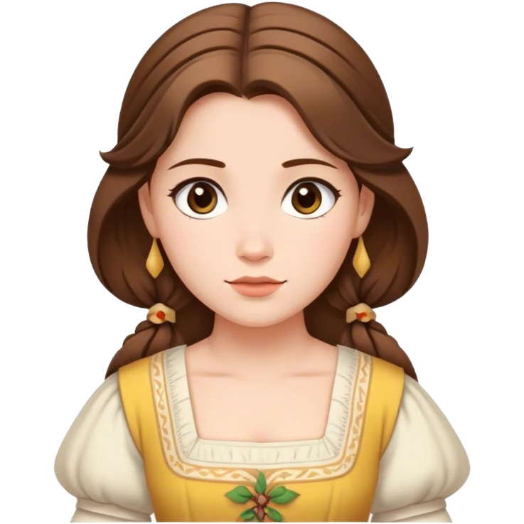 Cinematic Serene Belle Portrait Emoji, rendered in a simplified vector style. Depict a gentle Belle (chest and above) with fair, glowing skin, softly cascading brown hair, and a calm, inviting expression, dressed in her traditional village dress. The image exudes a soft, luminous glow and is outlined with a subtle, warm light. emoji