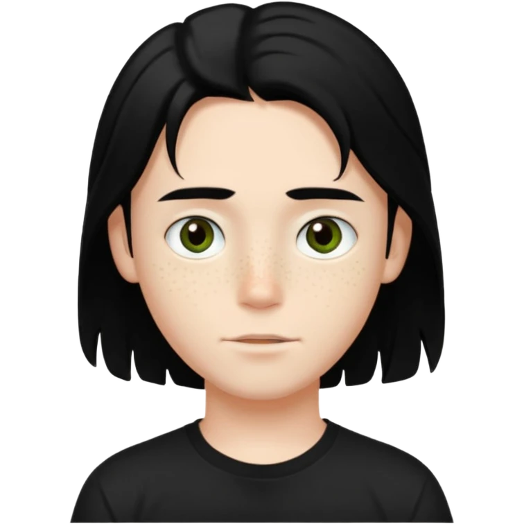 A beautiful boy with black hair and hazel green and brown eyes and white skin , with dark freckles and black t shirt with HAIRCUT: middle part hair hair with a center part haircut long  emoji