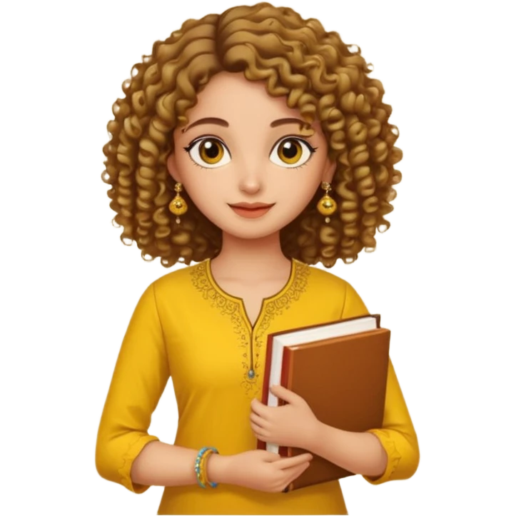 a pretty bratz girl with curly hair wearing a yellow kurti, eyeliner, jhumkas, carrying books emoji
