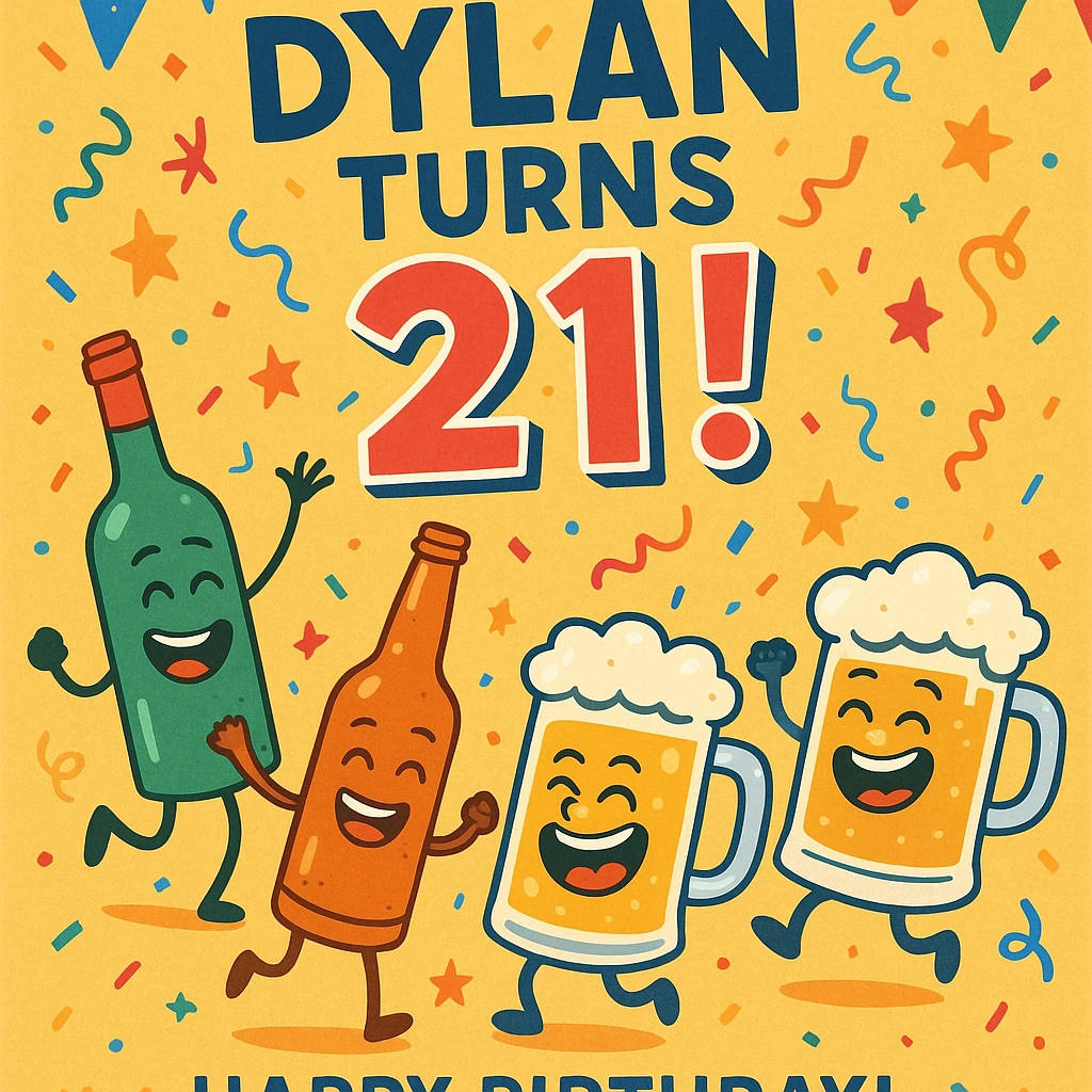Digital birthday card for Dylan's 21st birthday with a wild party vibe, cartoon alcohol characters like dancing bottles and laughing beer mugs, headline 'Dylan Turns 21!', bright festive palette, and a humorous message about legal drinking. emoji