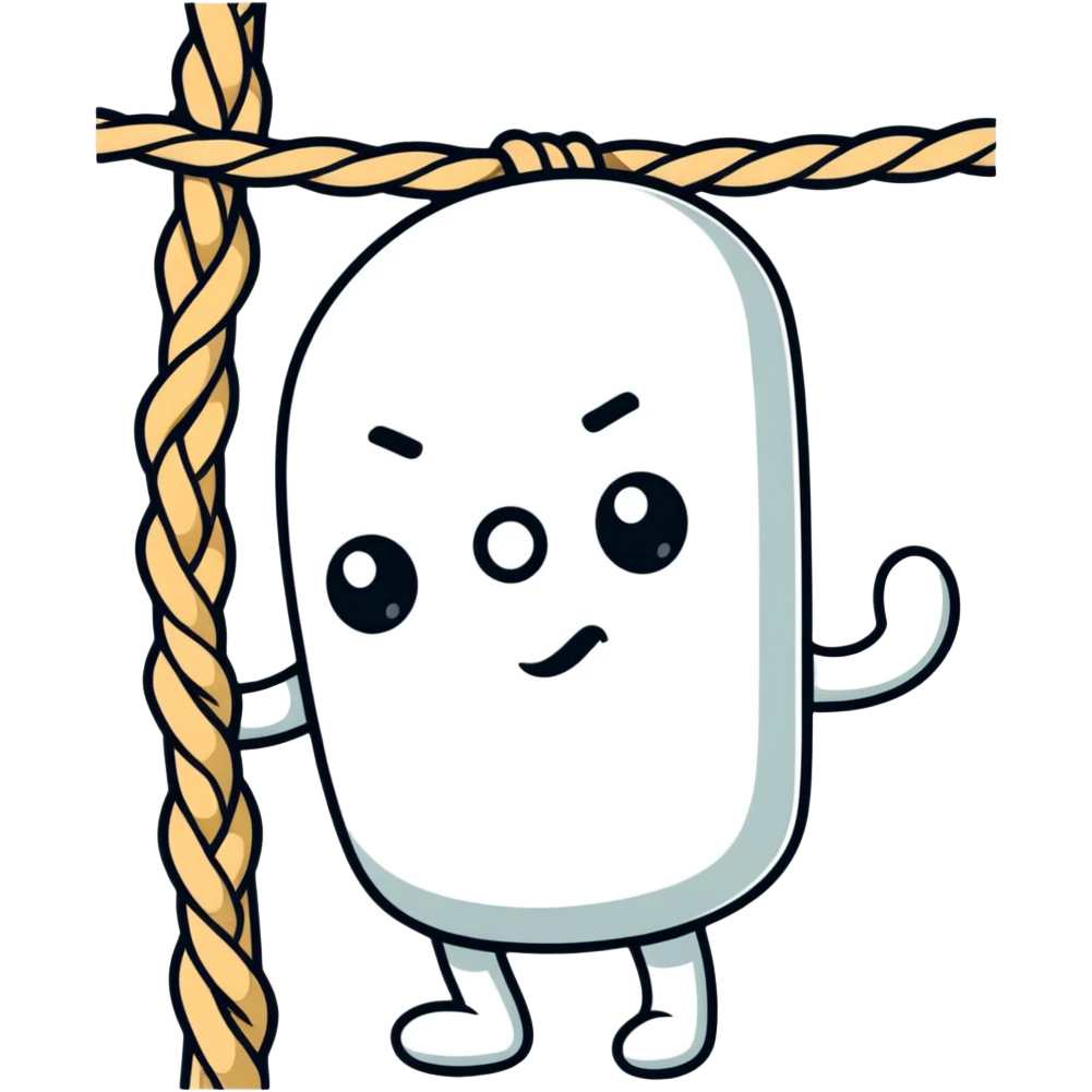 A funny cartoon character completely entangled in rope with just their face peeking out, looking silly emoji