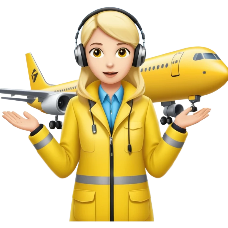 ramp agent at airport wearing bright yellow coat and headphones, directing aircraft emoji