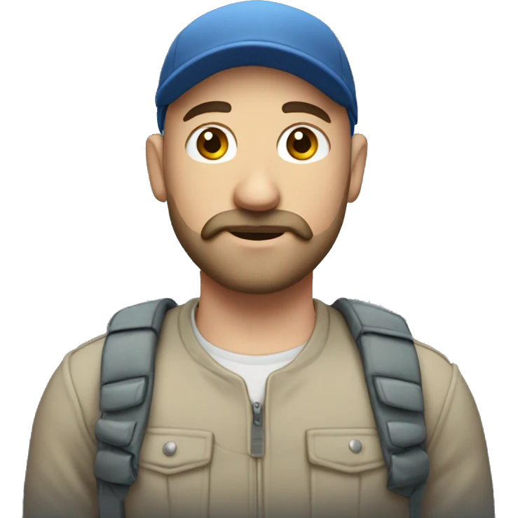 walking young bald white man wearing cap with dark soft beard & moustache emoji