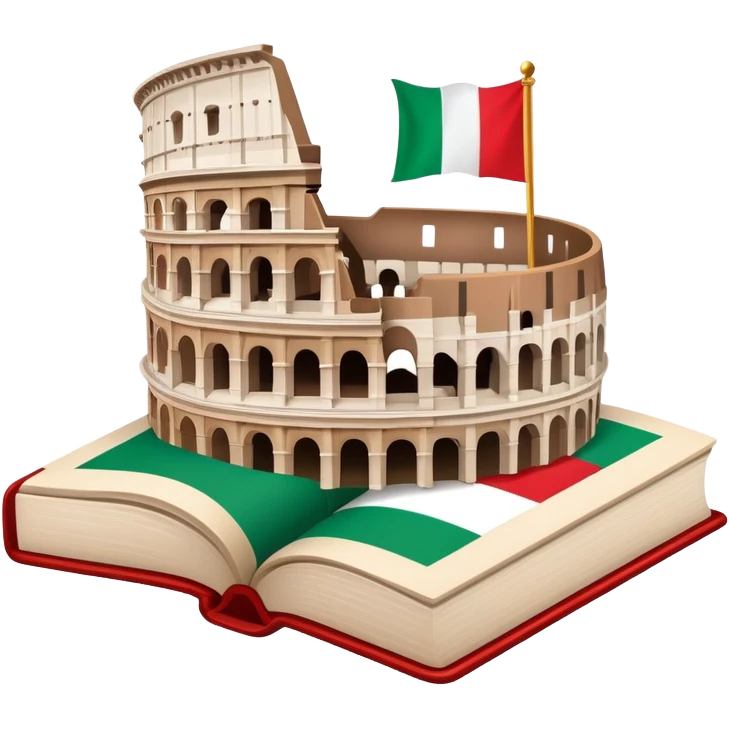 An icon featuring the Colosseum and the flag of Italy, symbolizing the Italian language. The design includes an open book with Italian phrases and a gondola, representing language learning and cultural exploration. Transparent background emoji