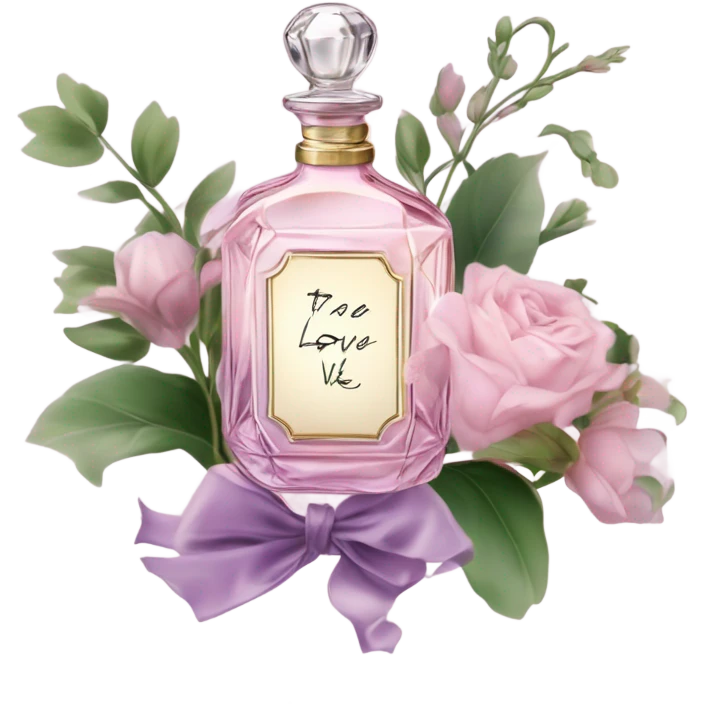Aesthetic showcase of light pink stock flowers, a vintage-inspired violet perfume bottle, an emotional love note, and a purple silk bookmark. emoji