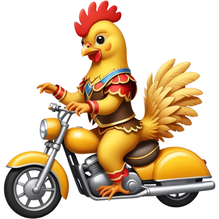 Chicken in a dancing costume riding a motorbike emoji