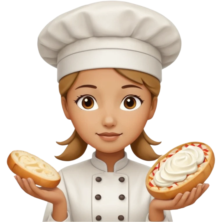 Young female baker - white chef hat, framing white cream pattern on bread emoji