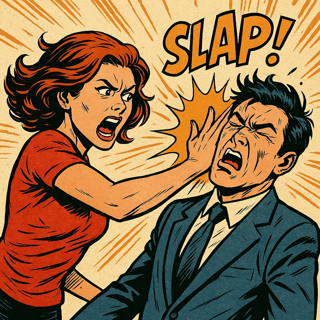 a woman slapping a man, dynamic action, expressive faces, comic book energy emoji