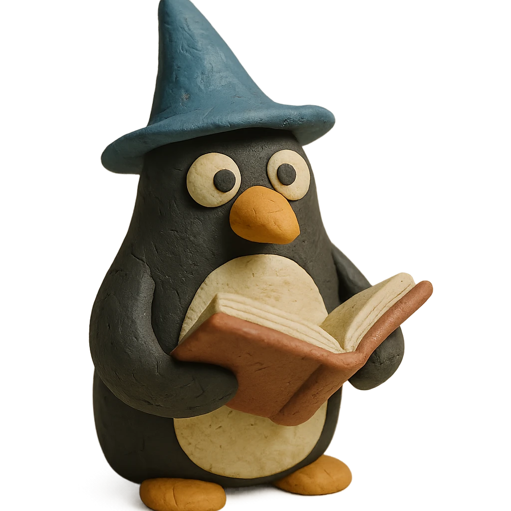 claymation style penguin wizard with a pointy hat and book emoji