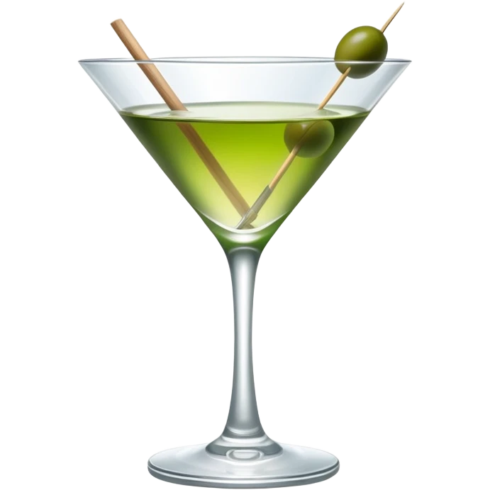 martini glass with absolutely clear water-like liquid, no color tint whatsoever, completely transparent, with a single green olive at the bottom on a wooden toothpick emoji