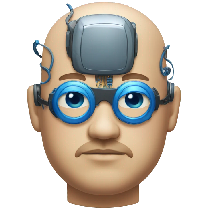 Fat bald cyborg head with tan skin, blue beard, blue goggles and circuits emoji
