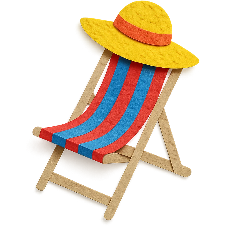 beach chair with stripes and a sun hat, bright colors, paper-craft style emoji