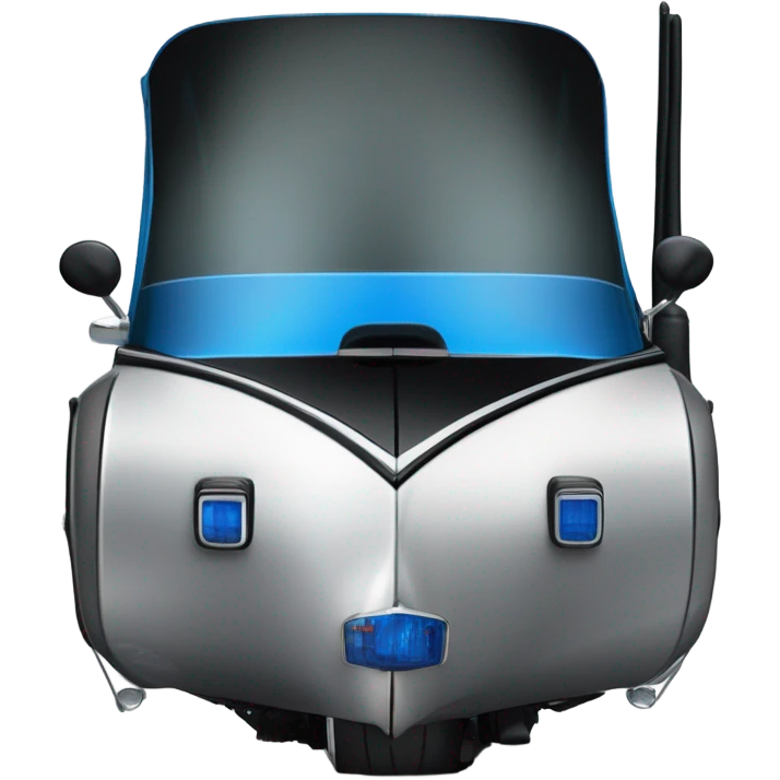 angled front view of a harley davidson electra glide ultra classic with big blue pearl and vivid black two color paint scheme with tall recurve windshield, a radio antenna and a citizen's band radio antenna and an older white man with a do-rag sitting on the front seat. emoji