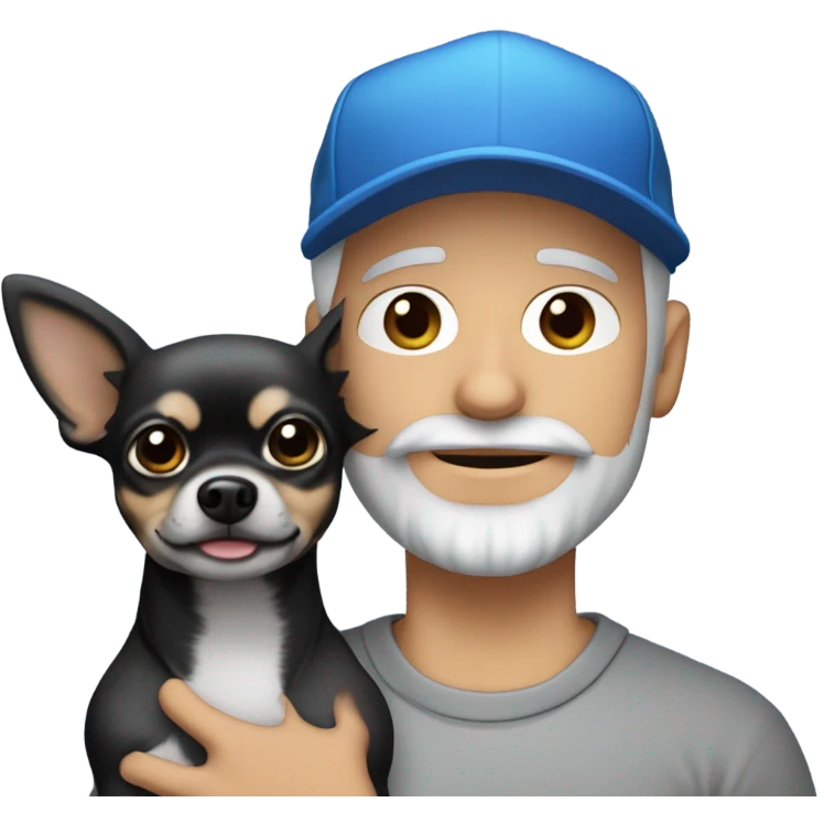 blue eyed man, with grey hair,  and grey goatee beard, wearing ball cap, holding ‘a black long hair chihuahua’ emoji
