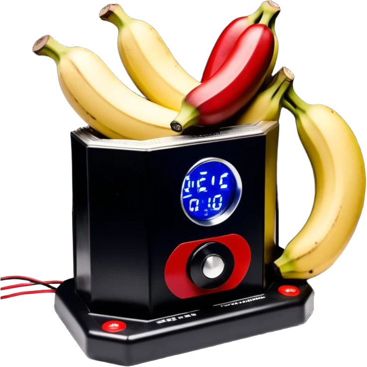um explosivo improvisado composto por sete bananas de dinamite vermelhas presas por fita preta. O dispositivo inclui um temporizador digital de LED vermelho e uma placa de circuito com fios coloridos e um botão de ativação. Tudo está isolado sobre um fundo branco. emoji