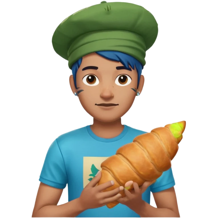 a man with green fortnite tshirt indian he has a cool hat and has a crousant with blou flesh emoji