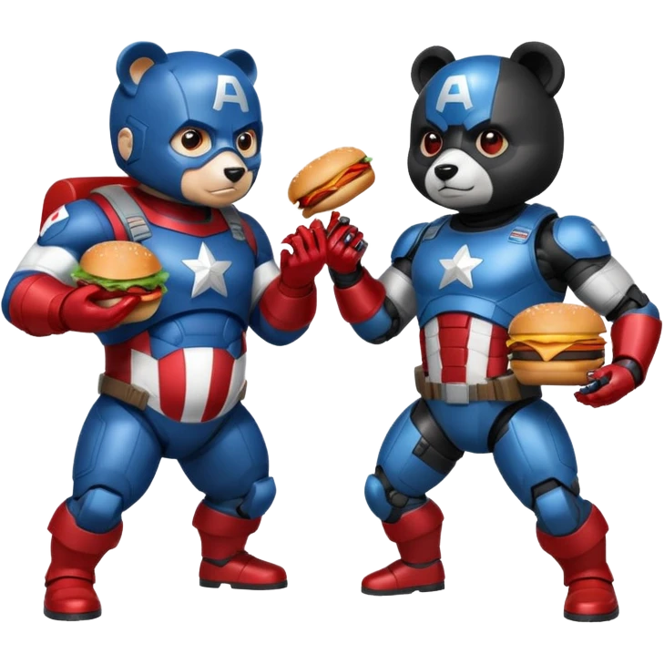 Pregnant captain America eating a hamburger while fighting a half panda half robot  emoji