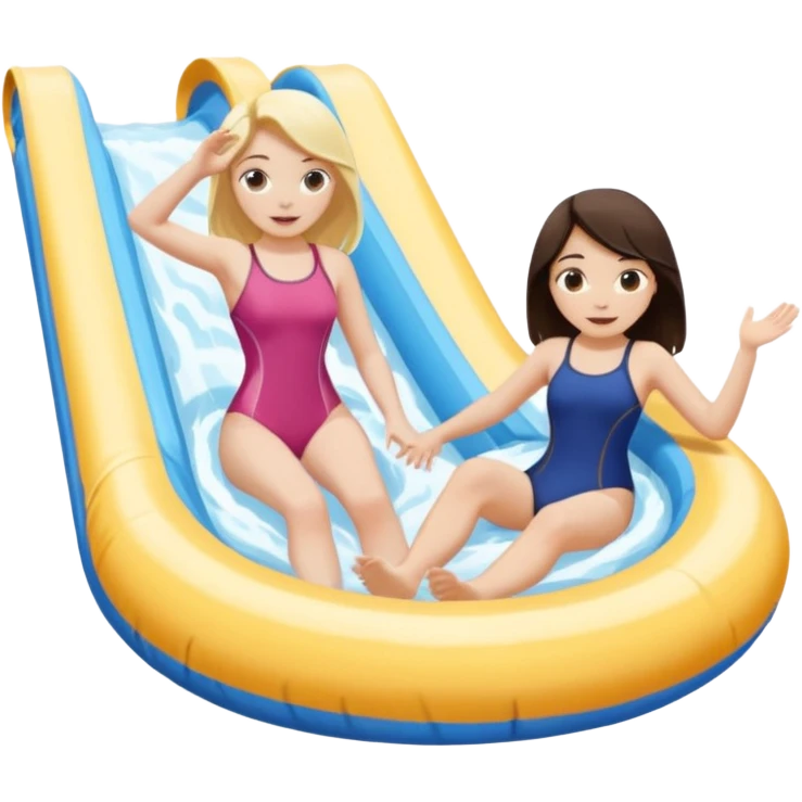 dark brown haired girl pale skin and blonde haired girl on the lazy river water slide emoji