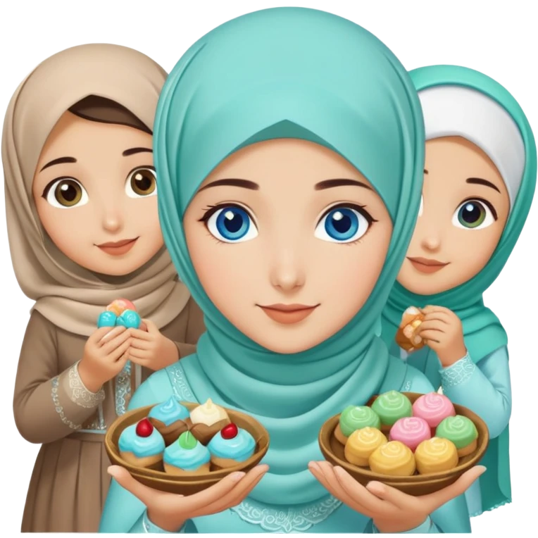Turkish beautiful finish Konya girl blue eyes with mint hijab islamic dress and had on her hand sweets and celebrating with her friends eid days   emoji