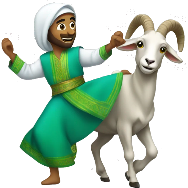 Arab wearing blue and green, dancing with a goat emoji