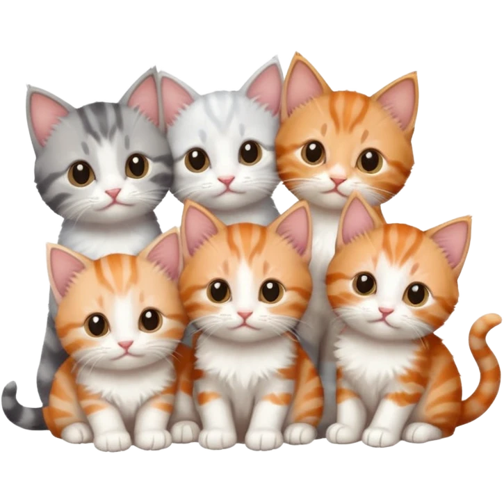 6 tiny kittens cuddling together all different colours, the first one is grey and white, the second is ginger and white and the third is brown tabby and white emoji