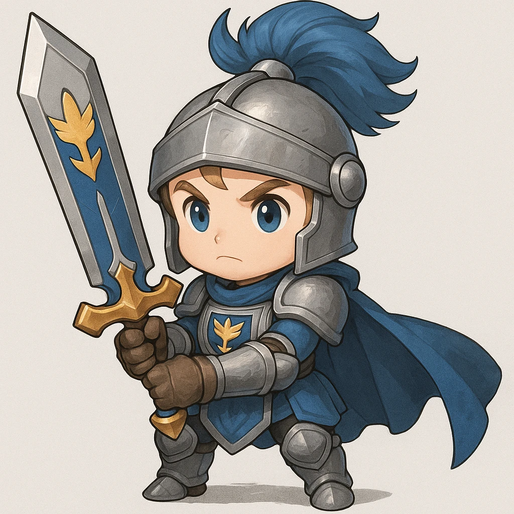 Add a Demacian crest to the chestplate and sword of the chibi baby knight, maintaining the blue and silver armor and noble expression, in a style that matches the original image's cute and noble baby knight appearance. emoji
