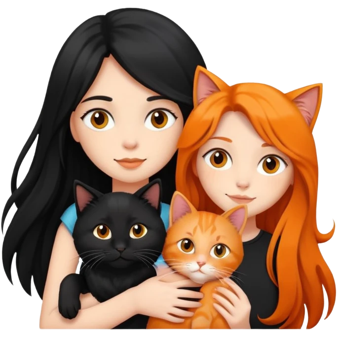 A black long haired girl holding a black cat and an orange long haired cat emoji