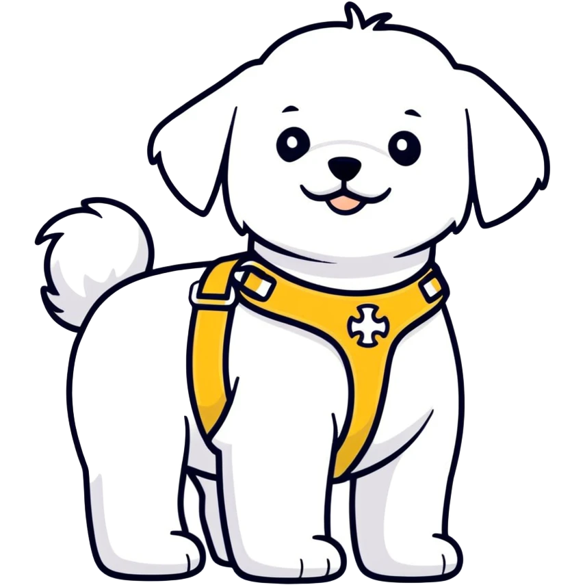 Maltese dog guiding a blind person, training in a guide harness with a blind person  emoji