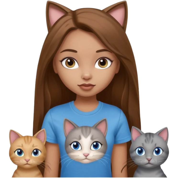 a pretty bratz dusky light skin girl with long brown hair, blue eyes with six cats nd wearing a grey tshirt emoji