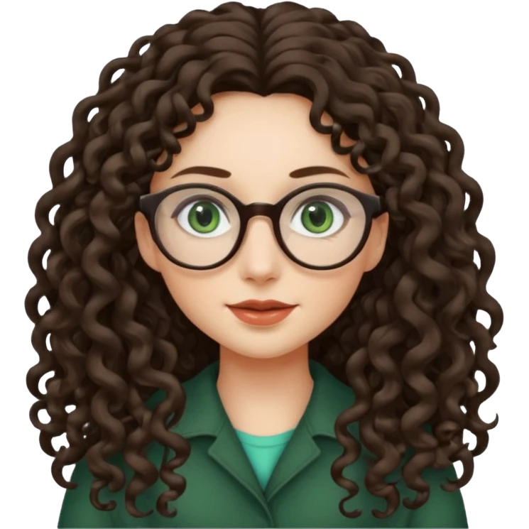 rapariga, olhos verdes escuros, rosto oval, cabelos muito compridos aos caracóis, com óculos emoji