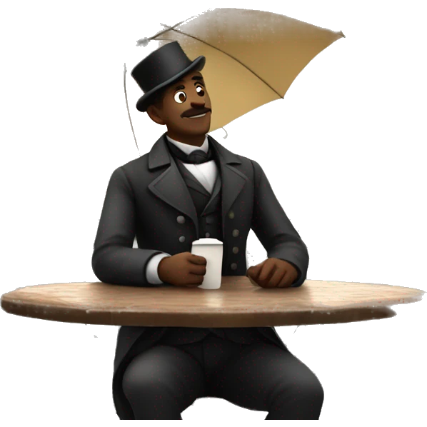 Victorian man set on the cafe under umbrella and thinking about his life emoji