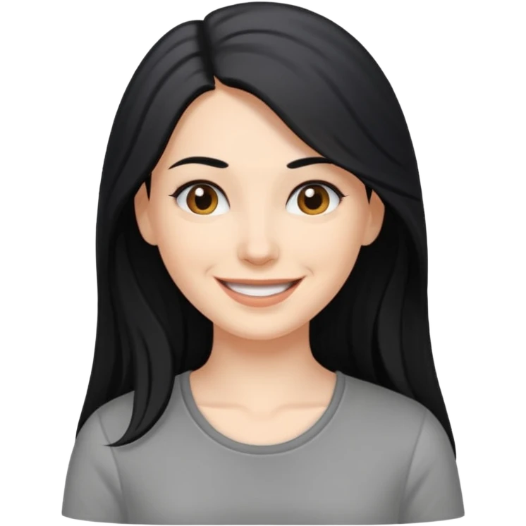 white woman with long black hair, smiling  gray shirt emoji