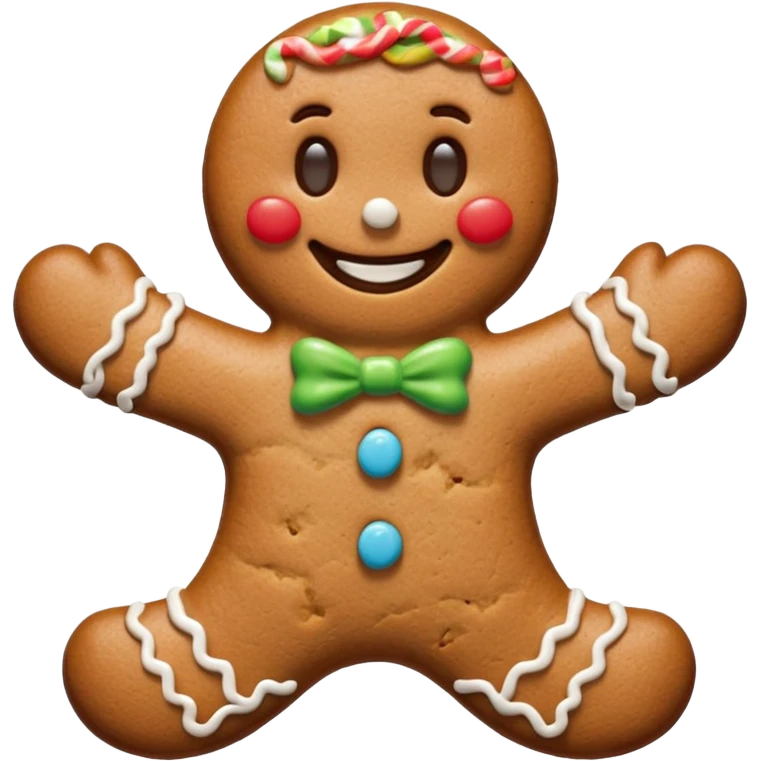 {
    "type": "object",
    "look": "gingerbread man, icing smile, cookie texture, front view",
    "description": "a cheerful gingerbread cookie shaped like a man, smiling with white icing details"
  } emoji