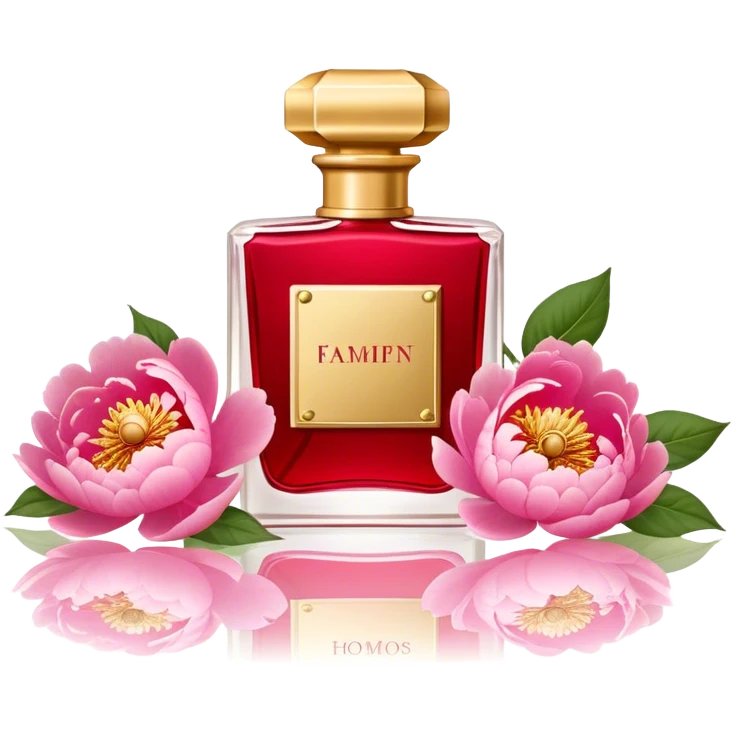 "A vintage red perfume flacon with a golden cap, set among pink peonies on a marble vanity. The soft glow highlights its old-world charm and refined elegance." emoji
