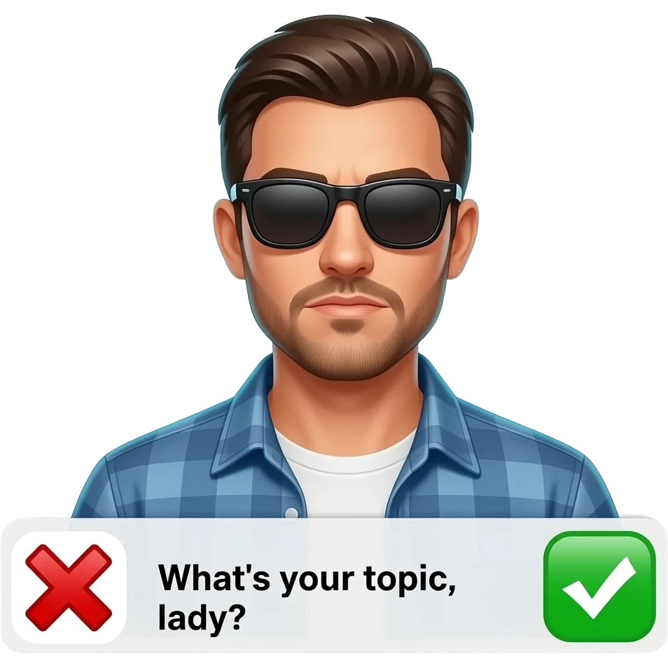 A informal man with sunglasses, glowing digital, symbols on the around, a floating Facebook logo, on the left shoulder, looking at viewer, a very serious. Text on below: 'What's your topic, lady?' shimmering a red x cross and a green check icons emoji