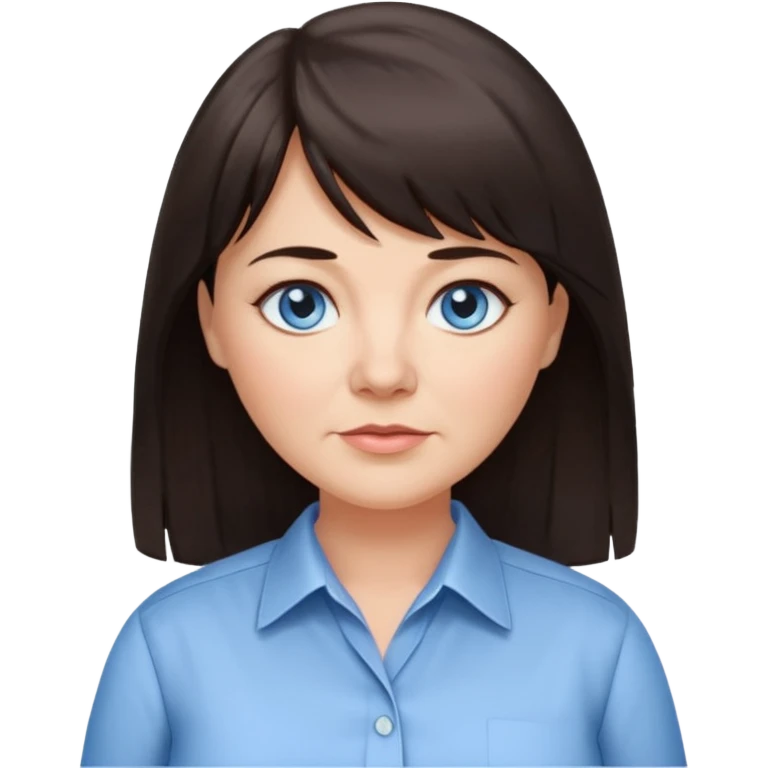 50 yr old woman, blue eyes, long straight dark brown hair, business shirt, chubby, bangs, long hair emoji