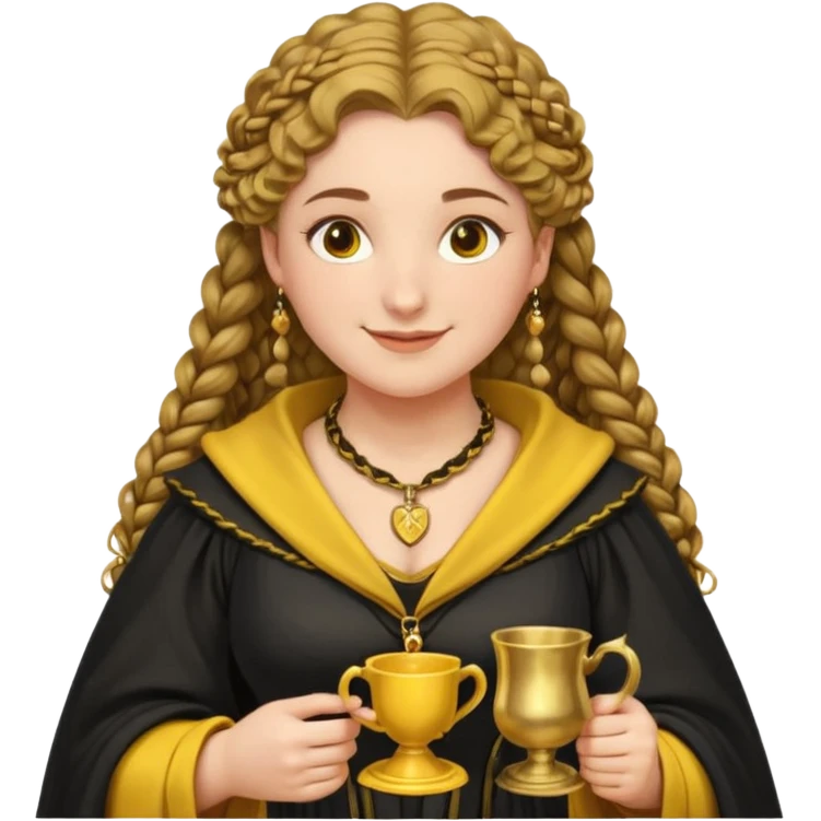Helga Hufflepuff, 2 curly thick brown braids, yellow-black medieval dress, black cloak decorated with gold braiding, tiny two-handled shiny yellow-gold cup, very kind smile, curvy busty sweet woman, thick rosy cheeks emoji