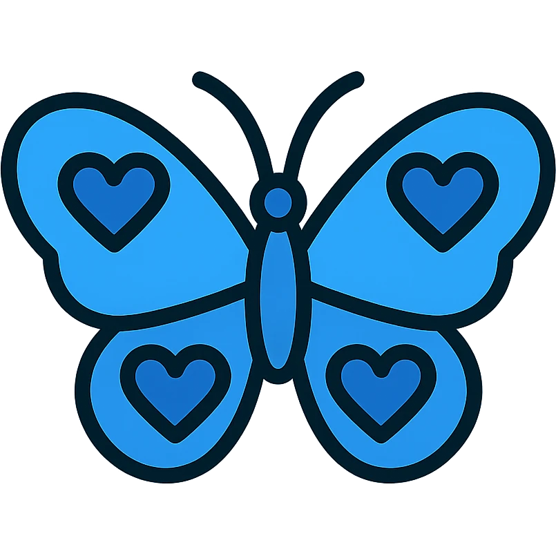 blue butterfly with blue hearts on its wings, minimal flat icon style emoji