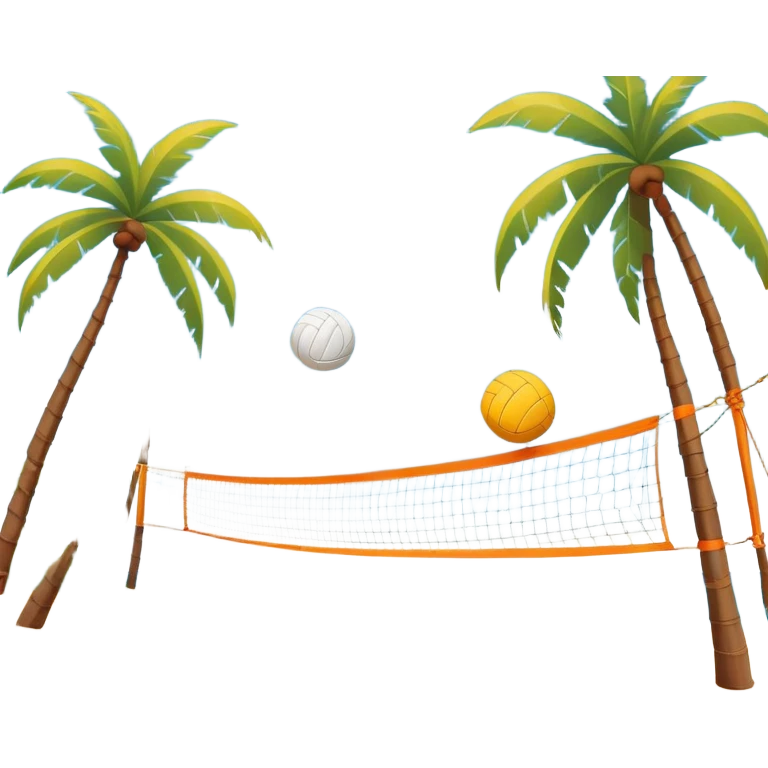 The scene captures a sunny sea beach atmosphere with clear blue sea and sky, palm trees swaying, and people in swimsuits enjoying the vibrant surroundings. A volleyball resting on the orange sand ground of a beach, with a volleyball net in the background.  emoji