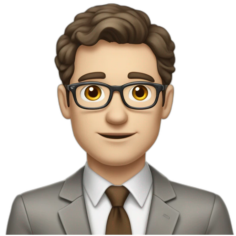 Pale skinned fit man with dark brown hair in gray jacket, beige office shirt, brown tie, brown pants and vintage glasses Writing text on the flipchart emoji