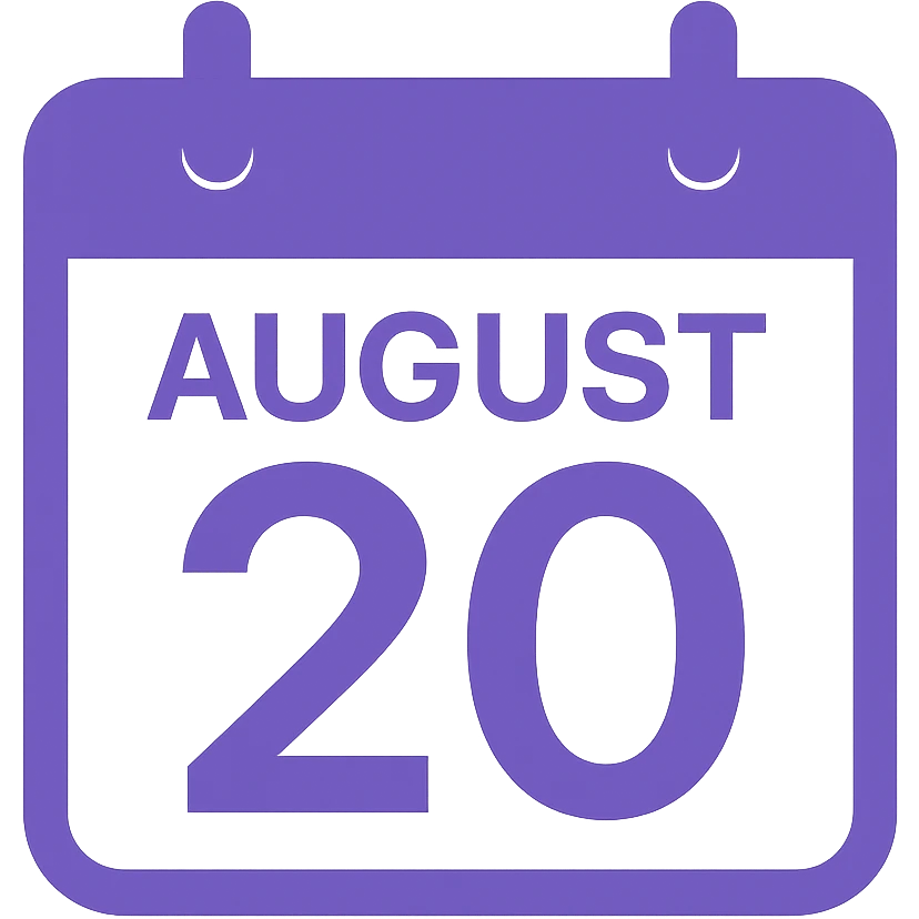 A minimalist calendar block with the date August 20, clean design in purple color, no background, simple and elegant style. emoji