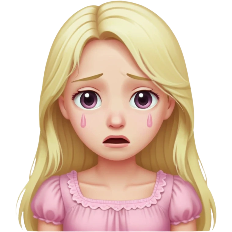 blonde with long hair and swamp eyes in a pink pastel dress, cry emoji
