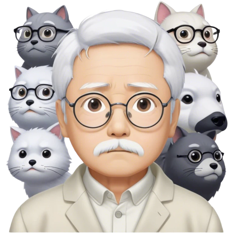 ​Cinematic Realistic Portrait of Hayao Miyazaki, depicted with striking white hair, defined black eyebrows, and large rectangular glasses, his thoughtful expression rendered in lifelike detail against a background of whimsical Studio Ghibli-inspired sketches, illuminated with soft, realistic lighting that emphasizes his creative genius, emoji