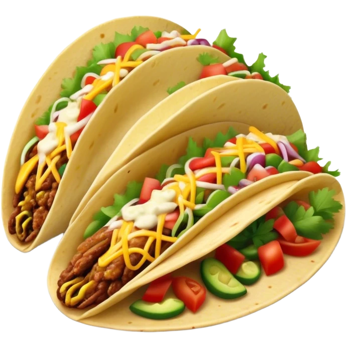 Cinematic vibrant tacos, warm soft shells filled with flavorful meats, fresh vegetables, cheese, and zesty salsa, colorful and lively, ultra-detailed and appetizing. emoji